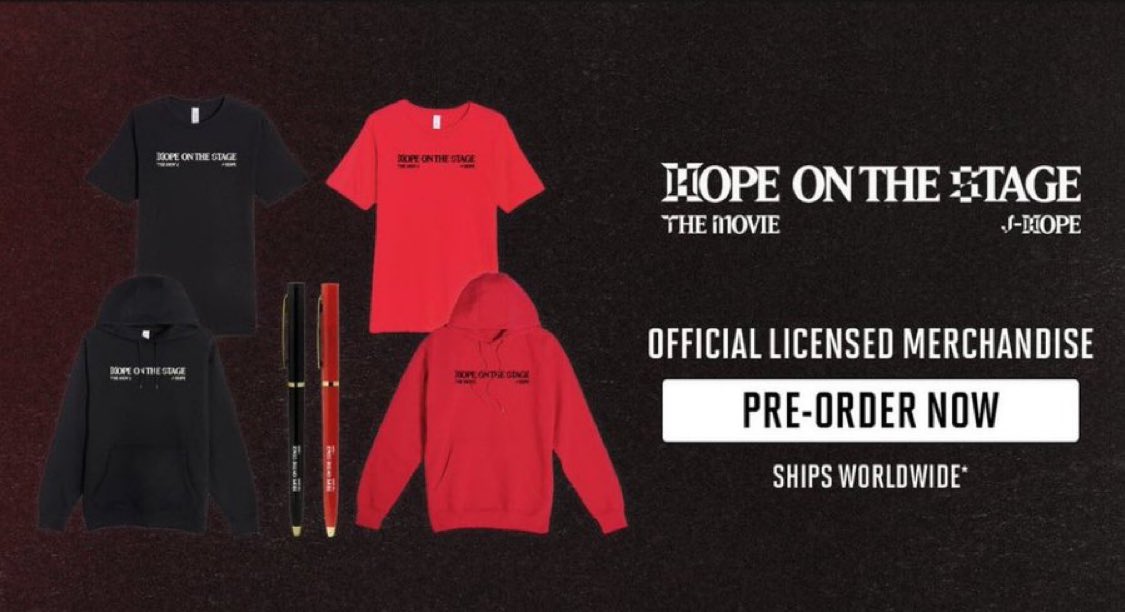 jhopeGlobaI's tweet photo. [👚] j-hope Tour 'HOPE ON THE STAGE' THE MOVIE Official Merch is now available for pre-order

🔗 https://t.co/OlaYRIZIaD

#jhope #제이홉 #jhopeTheMovie
#HOPE_ON_THE_STAGE_TOUR #HOS_TOUR_Movie https://t.co/KE30JcLQde