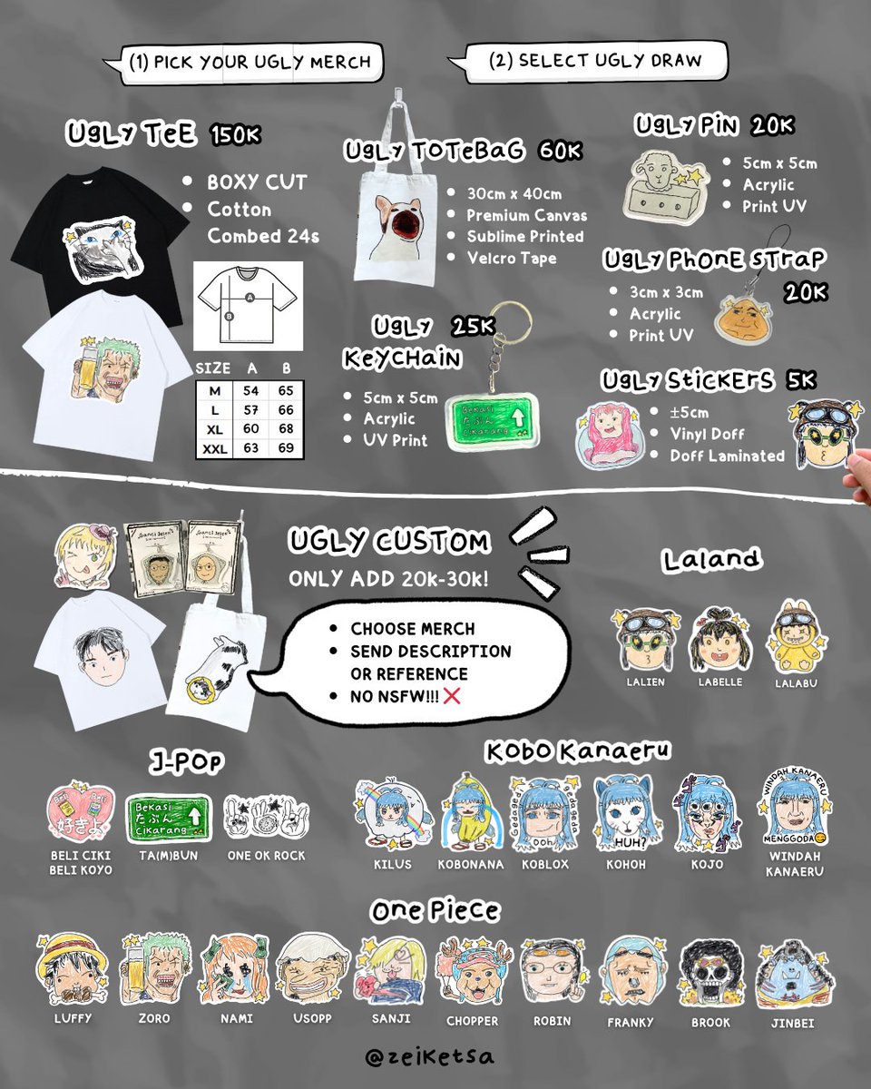 zeiketsa's tweet photo. UGLY tEe, ToTeBaG, KeYchAiN, StiCkEr, PhOnEsTrAp, PiN 😜
#UgLyMeRcHsPeCiALiSt
#Comifuro21 #CF21 
#Comifuro21Catalogue #Comifuro21Preorder #ComicFrontier21 #merchandise #custom #comission #meme #ugly #jelek #funny #OnePiece #KoboKanaeru #HOLOID #Original #Jpop #stiker #kaos

[6/8] https://t.co/p8AOFfxAd4