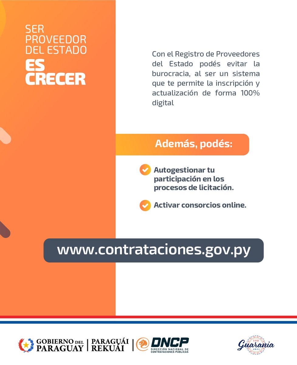 dncp_py's tweet image. 🤔 ¿Conocés los beneficios que tu negocio puede adquirir siendo proveedor del Estado?
📝 Inscribiéndote al Registro de Proveedores del Estado podés:
* Autogestionar tu participación en las licitaciones.
* Activar consorcios online.
Explorá más en 🔗 bit.ly/registro_prove…