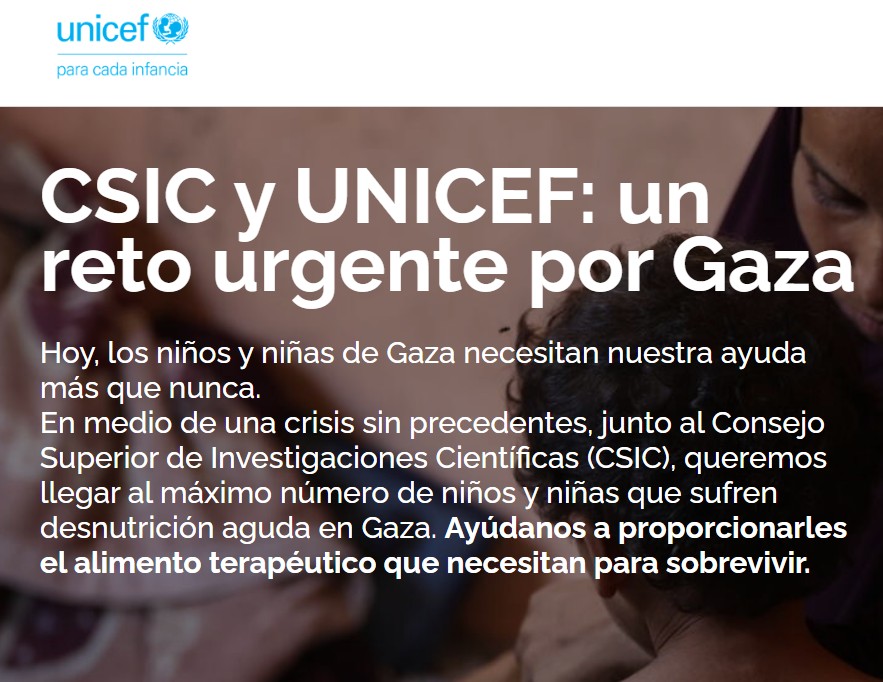CSIC's tweet image. El #CSIC y @unicef_es se unen en una iniciativa destinada a comprar alimentos frente a la desnutrición infantil en Gaza

Puedes colaborar a través de la plataforma de donaciones ➡️ f.mtr.cool/cfencxovap