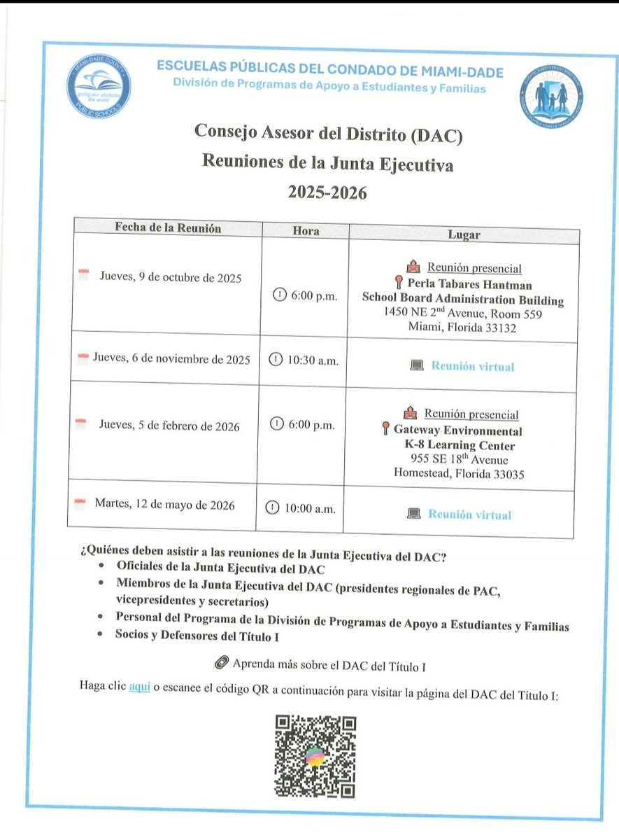 North_Miami_MS's tweet photo. 2025-26 Title I Parent Advisory Council (PAC) and District Advisory Council Meetings will be held tomorrow, Thurdsday, Oct. 9th, at the School Board Office starting at 6pm.

@mdcpsdistrict1 #mdcpsyourbestchoice @mdcpstitlei @mdcps_thegreatnorth https://t.co/9ZKYz1a7B8