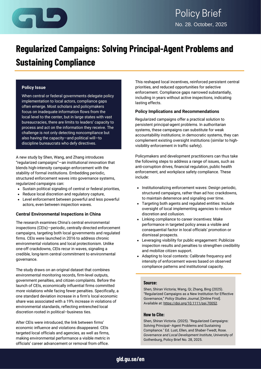 🚨New Policy Brief🚨

A fresh answer to a classic governance challenge—the 𝗽𝗿𝗶𝗻𝗰𝗶𝗽𝗮𝗹-𝗮𝗴𝗲𝗻𝘁 𝗽𝗿𝗼𝗯𝗹𝗲𝗺:

How principals can deploy 𝗿𝗲𝗴𝘂𝗹𝗮𝗿𝗶𝘇𝗲𝗱 𝗰𝗮𝗺𝗽𝗮𝗶𝗴𝗻𝘀 to reduce discretion, curb capture, and reshape agent incentives—with lasting effects.