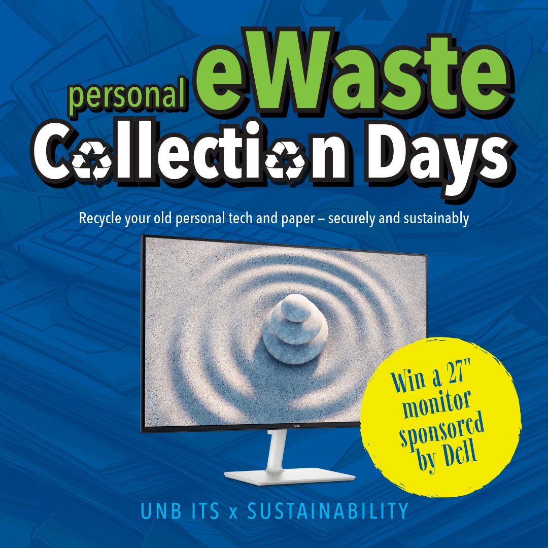 🎁 Win a new monitor, courtesy of Dell!
Join UNB’s Personal eWaste Collection Days to test your cyber smarts for a chance to win, recycle old personal tech + paper securely &amp; snag some giveaways.
📍FR: Oct. 15 | SJ: Oct. 17
10 a.m. – 2 p.m.
 
 More info 👉 go.unb.ca/ewaste-day