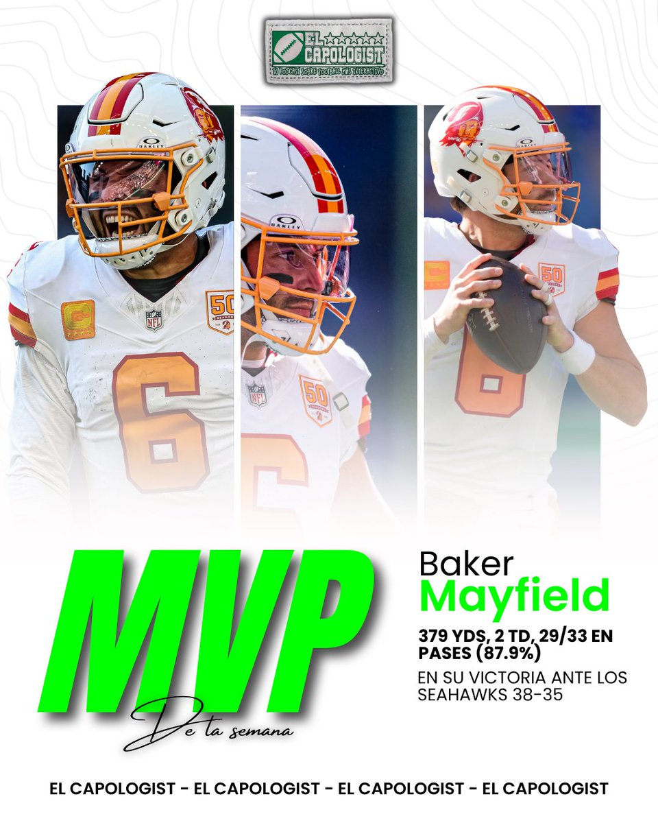 🎙️💥 ¡𝐍𝐮𝐞𝐬𝐭𝐫𝐨 𝐌𝐕𝐏 𝐝𝐞 𝐥𝐚 𝐒𝐞𝐦𝐚𝐧𝐚 𝟱 𝐞𝐧 𝐥𝐚 𝐍𝐅𝐋ⵑ      

BAKER MAYFIELD lideró a los Bucs a la victoria en el partido del año 

🚀 29/33 pases
🔢 379 yardas
🏈 2 pases de TD

¿Quién es tu MVP de esta jornada #NFL?