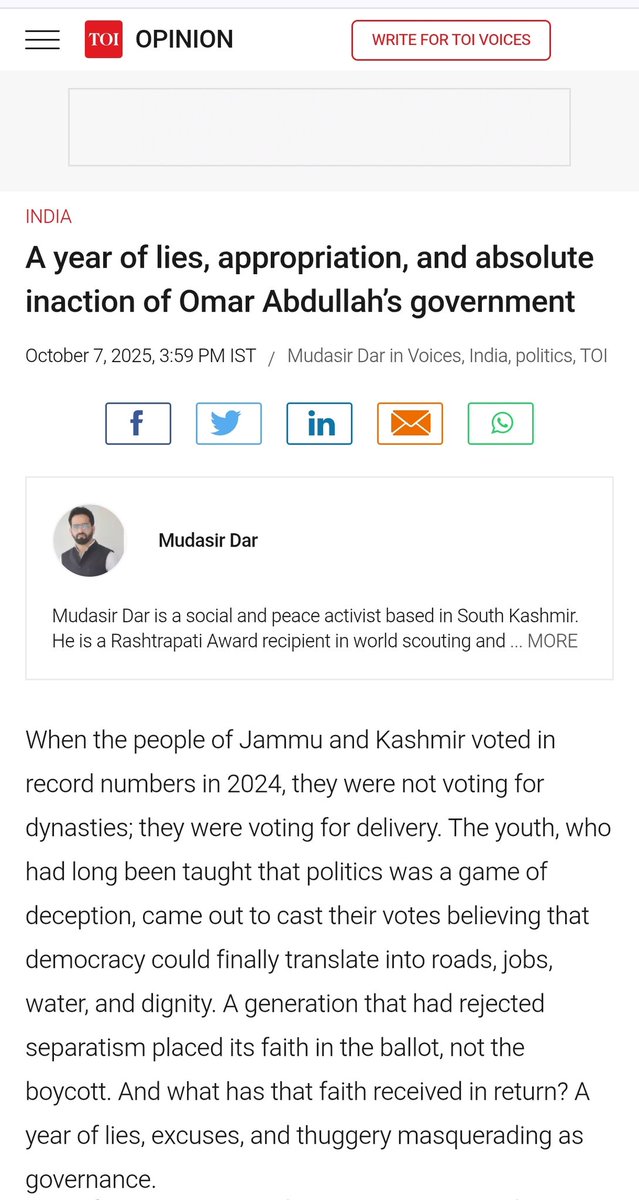 DarMudasir10's tweet photo. My latest column in  @timesofindia exposes the harsh truth of @OmarAbdullah ’s government  a year of lies, appropriation & absolute inaction.

Eleven months after taking power, there’s no job package, no new welfare scheme, no progress in health or education. The NC regime has mastered only one thing  cutting ribbons on projects built & funded under the Lieutenant Governor’s administration.

From cancer hospitals to dialysis centres, bridges to schools every “achievement” was the LG’s work, rebranded as their own. What was meant to be governance has become political theatre.

Even J&K’s top legal post , the Advocate General remains vacant since October 2024. @OmarAbdullah  admits he “handed over a name to someone in Delhi,”that someone is not  known yet, who that was in delhi, bypassing the LG, the competent authority. One year later, no appointment, no accountability, only confusion.

Meanwhile, development projects worth crores remain stalled. Roads lie half-built, bridges abandoned, irrigation schemes frozen. The #Youth who voted for change & employment now face disillusionment. The poor who were promised free electricity & welfare have seen nothing.

This constant blame game pointing fingers at Delhi while enjoying Delhi-funded budgets  is not governance. It’s deceit dressed as helplessness.

The danger is real. As I write in my piece  when governments lie, people stop believing; when people stop believing, alienation returns. That is what Kashmir cannot afford again.

People voted not for dynasties but for delivery  not for drama but for dignity. They placed faith in democracy after years of disillusionment, and that faith has been betrayed.

Kashmir deserves performance, not propaganda. Accountability, not appropriation. Leadership, not lamentation.

My full analysis in @timesofindia :
🔗 https://t.co/f4scqmcPsF

@PMOIndia @HMOIndia
@timesofindia @OfficeOfLGJandK @manojsinha_ @PMOIndia @ahmadalifayaz @OmarAbdullah
@sajadlone @Schandillia @MakhdoomiEmaad
@rishi_suri @KhosaAasha @Wajahatfarooqbt @LtGenDPPandey