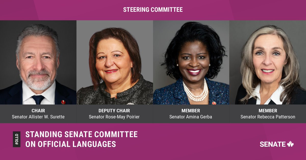 SenateCA's tweet photo. The chair of the Senate Committee on Official Languages is Senator Allister W. Surette, the deputy chair is Senator Rose-May Poirier, and the other members of steering are senators @amigerba and @SenRPatterson: https://t.co/Cf0pHirQ6O
#SenCA #OLLO #CdnPoli https://t.co/3ph0Wn92HA
