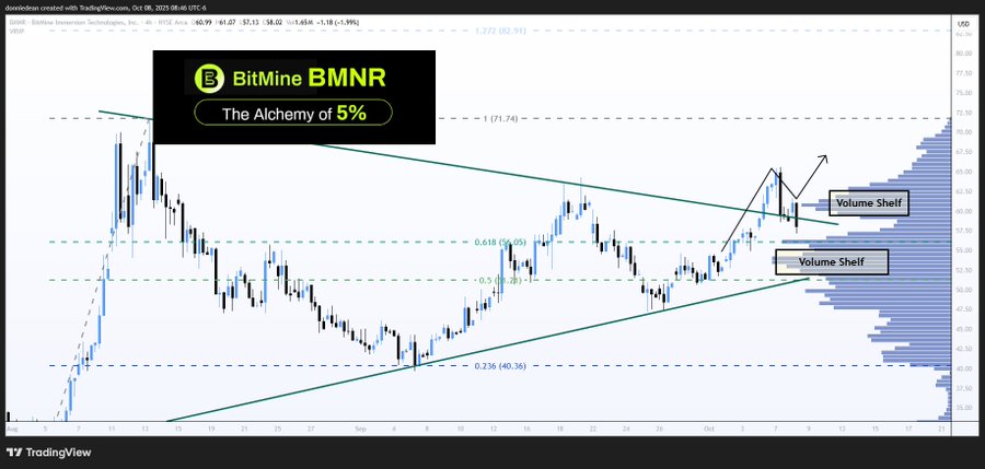 Stock chart for BMNR BitMine Immersion displays candlestick price movements over time with green and red bars indicating gains and losses. Yellow highlight labels BitMine BMNR and The Alchemy 5 percent. Green trendline shows upward trajectory from lower left to upper right. Blue volume shelf at bottom with bars representing trading activity. Gray breakout arrow points to recent price surge. Overall timeframe spans several months with price scale on left from $40 to $80 and volume on right.