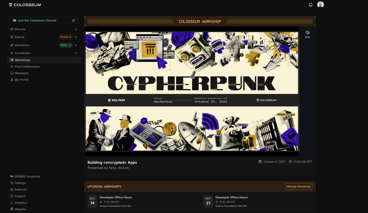 Cypherpunk hackathon banner featuring retro-futuristic artwork with encrypted app themes