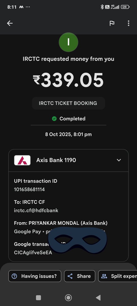 Priyankar_ento's tweet photo. Dear @IRCTCofficial and @AxisBank please check this issue. I was twice redirected to Gpay for payment towards booking the same ticket. It was debited twice but the ticket was not booked.
There should be a limit of burglary @RailMinIndia @AxisBank https://t.co/XUrGBeTTVv