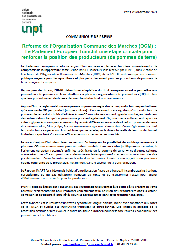 🇪🇺 Réforme de l’Organisation Commune des Marchés : Le #ParlementEuropéen franchit une étape cruciale pour renforcer la position des producteurs de pommes de terre🥔

Retrouvez notre Communiqué de Presse👇

urlr.me/H4StVe
#PAC #OCM
