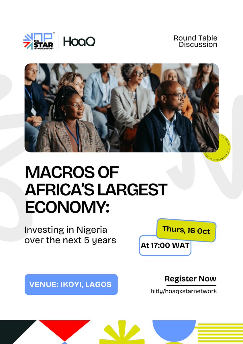 HoaQ /əʊk/ (@hoaqclub) on Twitter photo Lagos, we’re bringing something special your way next week!
We are hosting a live roundtable with <a href="/starnetworkpod/">The Star Network Podcast</a> to discuss “Macros of Africa’s Largest Economy:  Investing in the Nigeria Over the Next 5 Years.”
Register here - bit.ly/hoaqxstarnetwo…
Don’t miss out! Lagos, we’re bringing something special your way next week!
We are hosting a live roundtable with <a href="/starnetworkpod/">The Star Network Podcast</a> to discuss “Macros of Africa’s Largest Economy:  Investing in the Nigeria Over the Next 5 Years.”
Register here - bit.ly/hoaqxstarnetwo…
Don’t miss out!