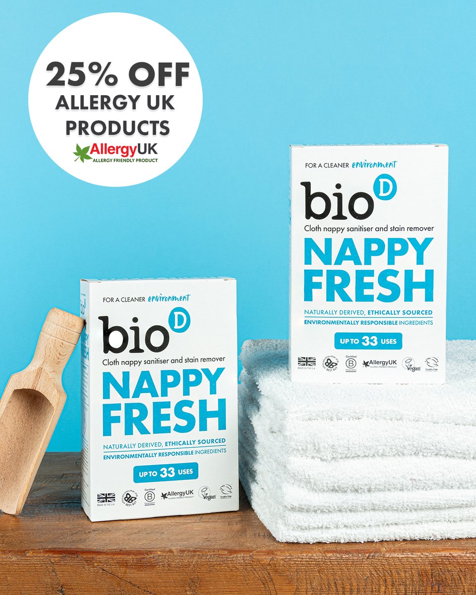 thebiodcompany's tweet image. 25% off* Allergy UK approved products – including our gentle, Fragrance Free Nappy Fresh 👶💚

Antibacterial, hypoallergenic &amp;amp; perfect for reusable nappies.

Shop now: biod.co.uk/shop/laundry/b…

*See website for full T&amp;amp;Cs.

#BioD #AllergyUKApproved #SensitiveSkin #EcoCleaning