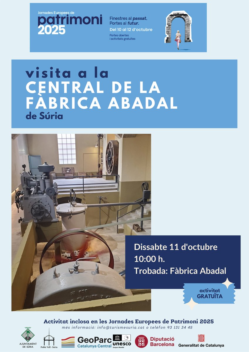 Jornades Europees de Patrimoni 2025: Visita guiada a la central de la fàbrica Abadal.
Dissabte 11 d'octubre. 10.00 h.
Activitat gratuïta.
suria.cat/actualitat/age…