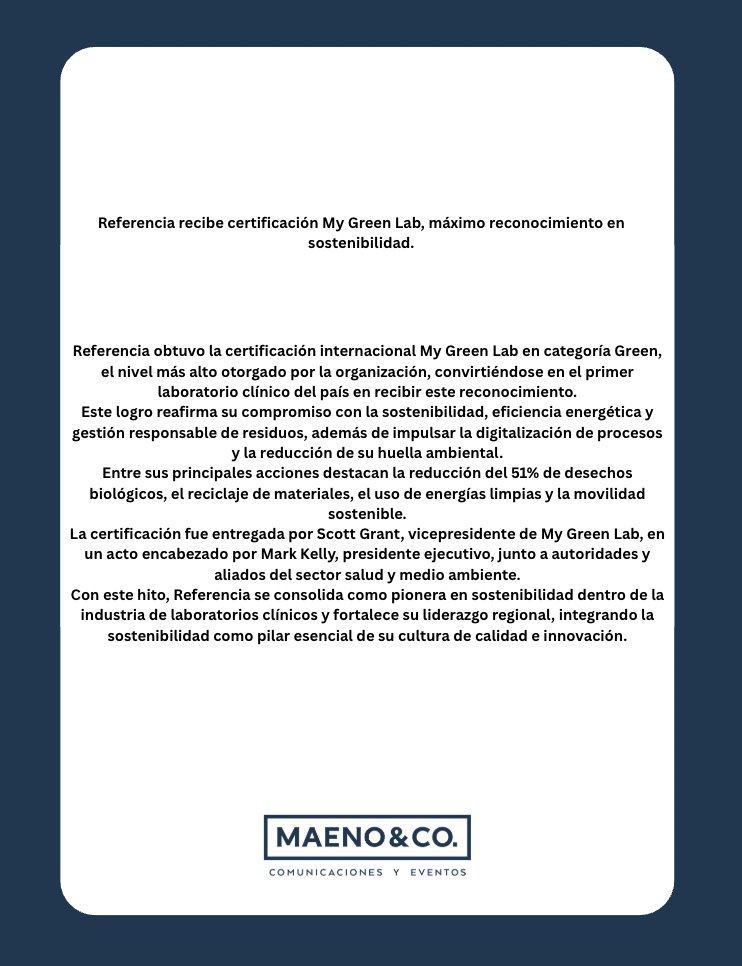 maenoco's tweet photo. Referencia recibe certificación My Green Lab, máximo reconocimiento en sostenibilidad.

#Maenoco  #LaboratoriosReferencia https://t.co/3jo8WVtCKA