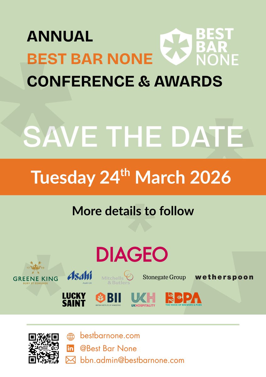 💚Save the Date!

We're excited to share the National Best Bar None Conference &amp; Awards 2026 will take place on 24 March 2026 🎉

⚡The Conference is free to attend; registration opens soon.

🏆 The evening Awards are invite-only; awards applications will be circulated shortly.