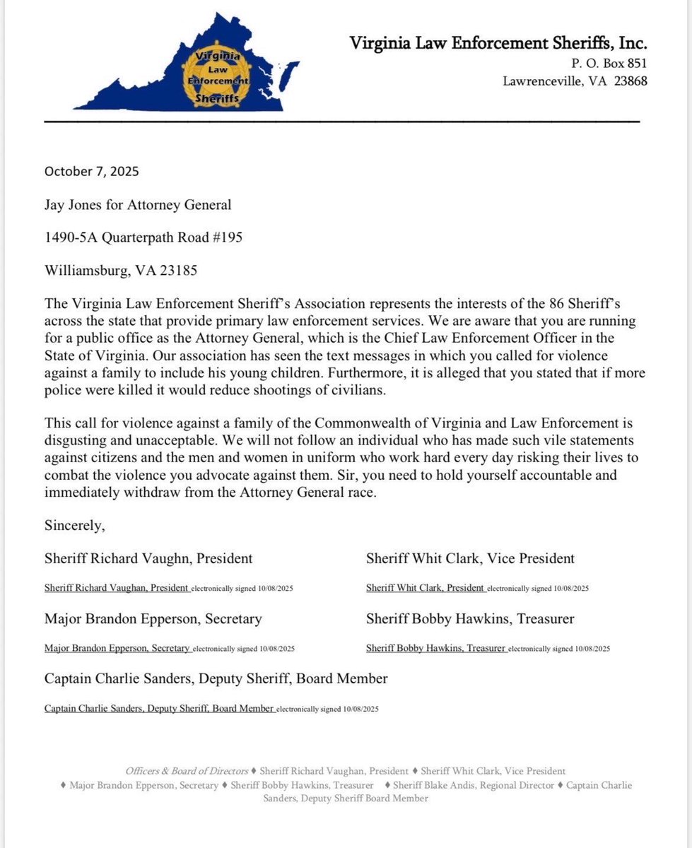 NEW: Letter from The Virginia Law Enforcement Sheriff’s Association to Jay Jones.