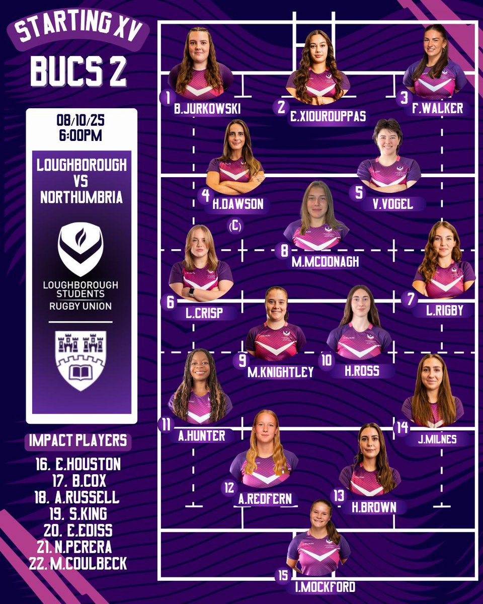It’s the first game day of the 2025/26 season! Here’s a reminder of your BUCS 1 squad facing Cardiff Met at home and BUCS 2 playing away to Northumbria 💜