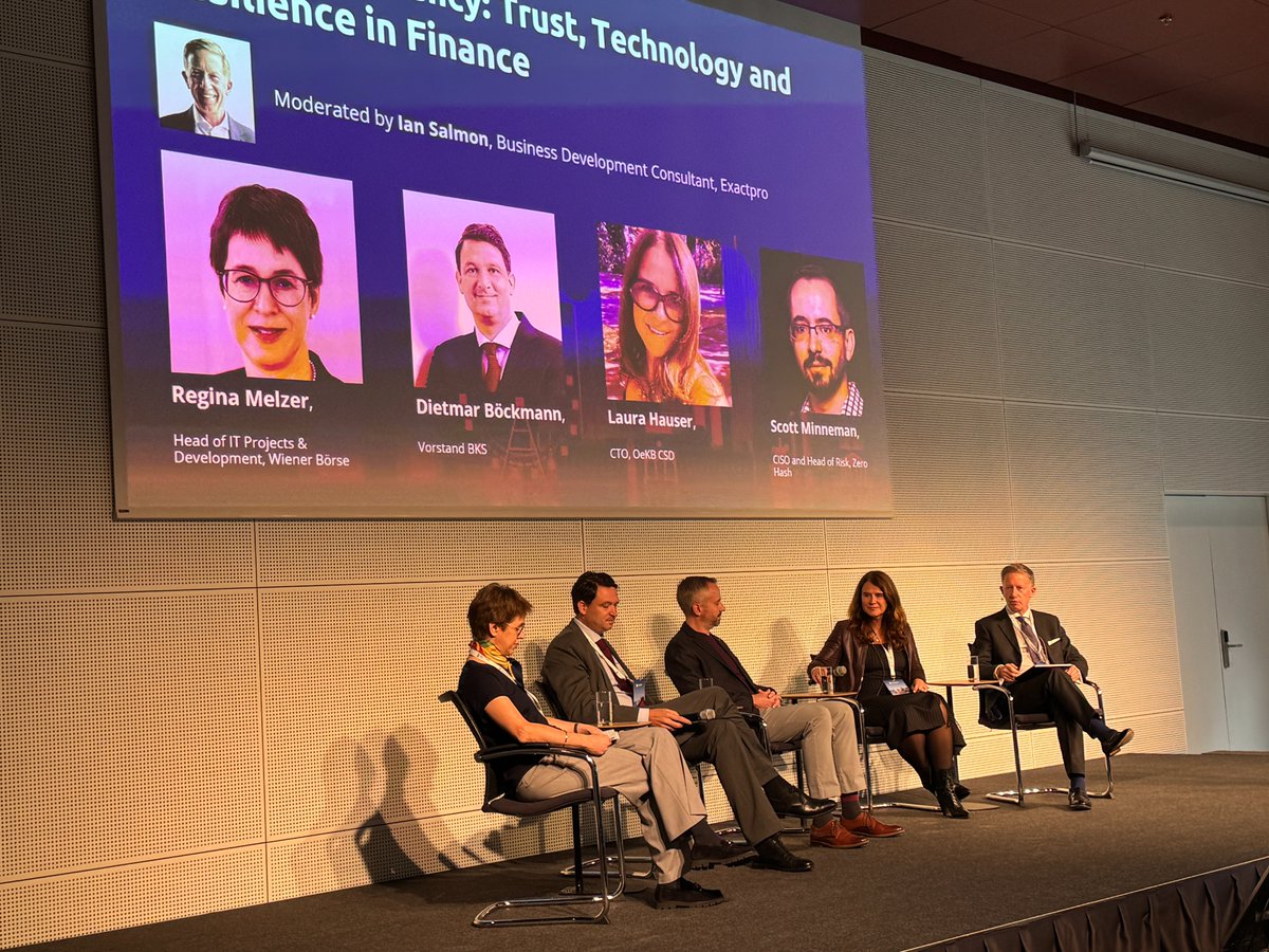 Today at the <a href="/zero_outage/">ZeroOutage Standard</a> Executive Summit 2025 in Vienna, Ian Salmon, Business Development <a href="/exactpro/">Exactpro</a>, sat down with Regina Melzer (Wiener Börse), Dietmar Böckmann (BKS Bank), Laura Hauser (OeKB CSD), and Scott Minneman (Zero Hash) for the panel ‘The New Currency: Trust,