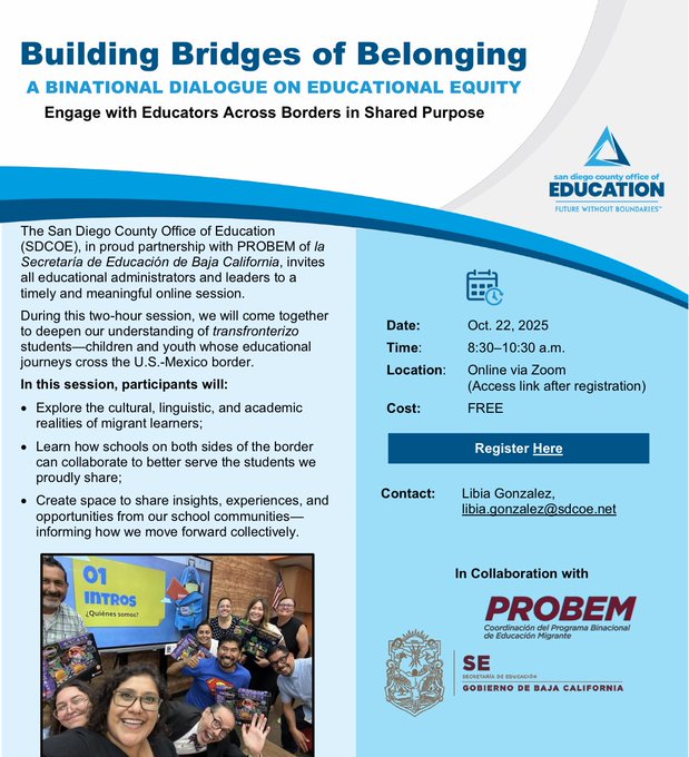 District &amp; charter leads—join us for a powerful virtual PL session focused on supporting our transfronterizo students, whose learning journeys cross the U.S.-Mexico border on 10/22/25 8:30–10:30.
Free. 
Register: sdcoe.k12oms.org/902-272425
In proud partnership w/ #PROBEM.
