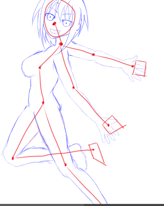 @taidanaruka569 多分こういう事ですよね～…?
デッサン人形からトレスして描くのではなく、こういう関節に点を置いて、結んでこういう流れにした方がもっと体の立体感と形が崩れにくくなってイメージしやすい、所謂クロッキーやったほうがいいって点ですよね… 