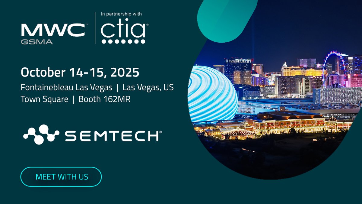 SemtechCorp's tweet image. MWC Las Vegas is almost here! 

Meet #Semtech at 162MR, Fontainebleau Las Vegas, October 14–15, and discover how our embedded cellular modules and connectivity solutions power the next generation of IoT. 

#MWCLasVegas #IoT #5G #Connectivity