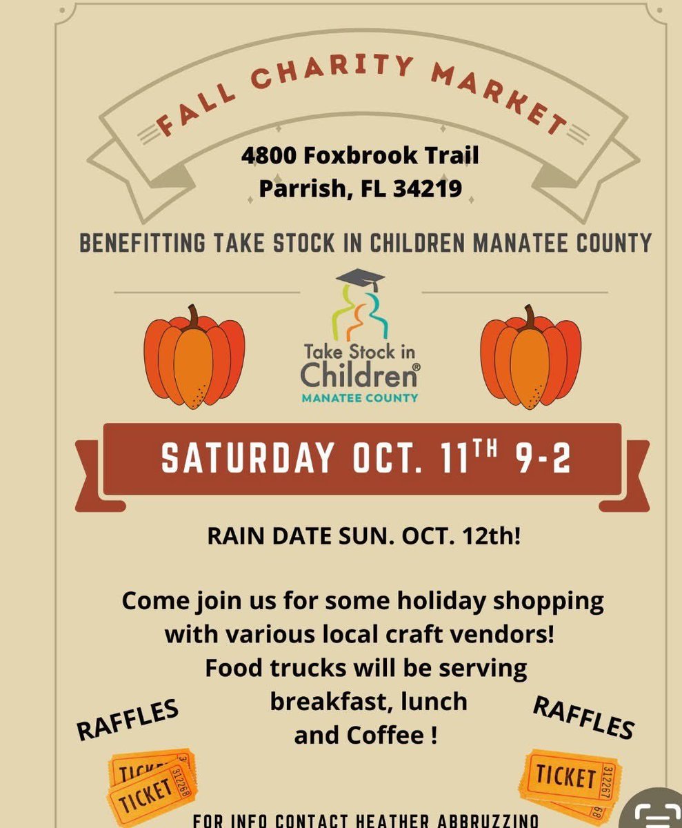 TakeStockManatee (@tsicmanatee) on Twitter photo ๐โจFall Charity Marketโจ๐ Shop for a cause this season! Join us on Saturday, October 11th from 9 AM โ 2 PM for our Fall Charity Market benefiting Take Stock in Children of Manatee County!  Proceeds help support scholarships, mentors and hope for Manatee County students! ๐โจFall Charity Marketโจ๐ Shop for a cause this season! Join us on Saturday, October 11th from 9 AM โ 2 PM for our Fall Charity Market benefiting Take Stock in Children of Manatee County!  Proceeds help support scholarships, mentors and hope for Manatee County students!