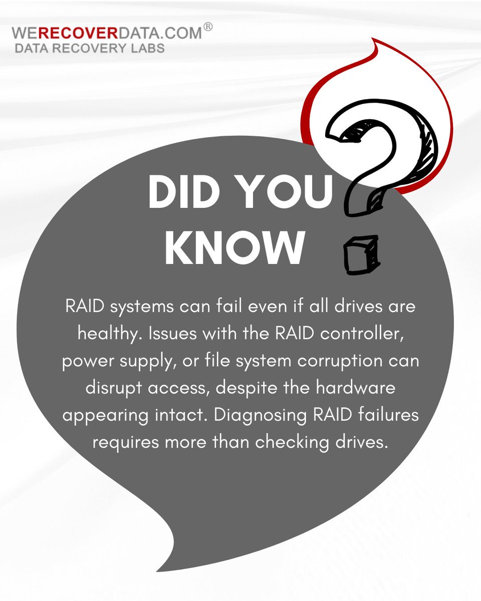 WeRecoverData's tweet image. RAID systems can fail even if all drives are healthy. Issues with the RAID controller, power supply, or file system corruption can disrupt access, despite the hardware appearing intact. Diagnosing RAID failures requires more than checking drives.