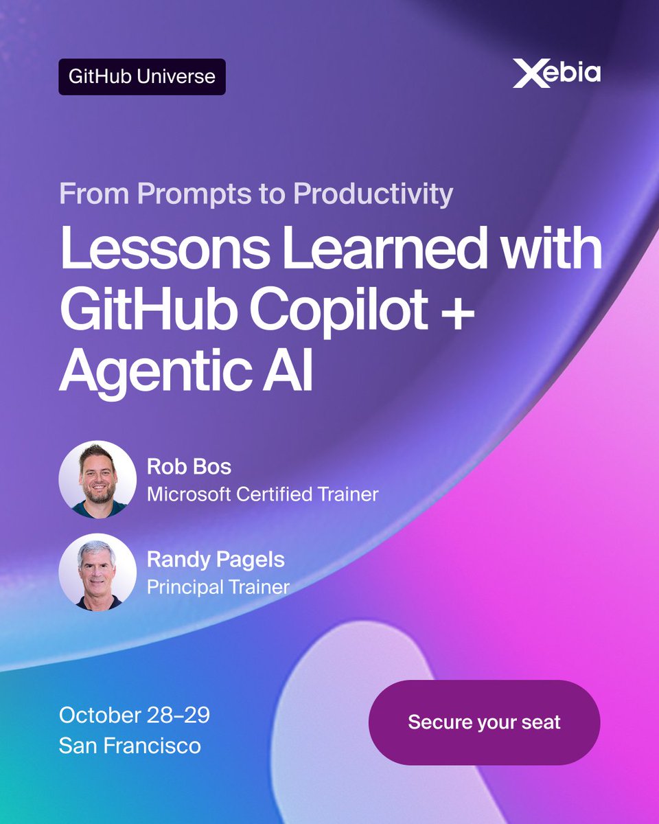 Xebia_Global's tweet image. 𝗚𝗼 𝗯𝗲𝘆𝗼𝗻𝗱 𝗰𝗼𝗱𝗲 𝗰𝗼𝗺𝗽𝗹𝗲𝘁𝗶𝗼𝗻𝘀 𝘄𝗶𝘁𝗵 𝗚𝗶𝘁𝗛𝘂𝗯 𝗖𝗼𝗽𝗶𝗹𝗼𝘁.

Join Rob Bos &amp;amp; Randy Pagels at #GitHubUniverse (Oct 28, 12:10 PM PT) for real lessons from training thousands of devs.

🔗 okt.to/1izQmO

#Xebia #Copilot #AI #GitHub