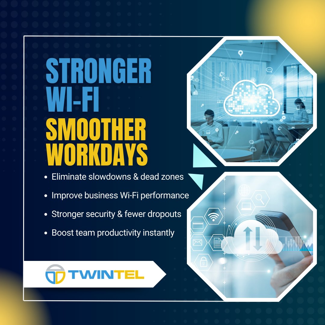 TWINTEL's tweet image. Struggling with unreliable Wi-Fi? Discover why stable business Wi-Fi matters with steps to boost performance and keep your team productive.

Visit us to learn more: ow.ly/8zrX50X1b2E

#WiFiBoost #BusinessTech #NetworkPerformance