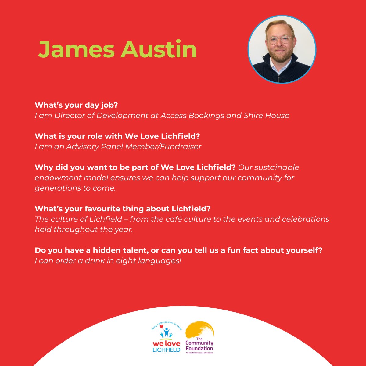 💚 Meet James Austin – our amazing Advisory Panel Member &amp; Fundraiser!
Director of Development at Access Bookings &amp; Shire House, James loves Lichfield’s vibrant culture and can order a drink in 8 languages! 🌍☕️
#WeLoveLichfield #LichfieldLife