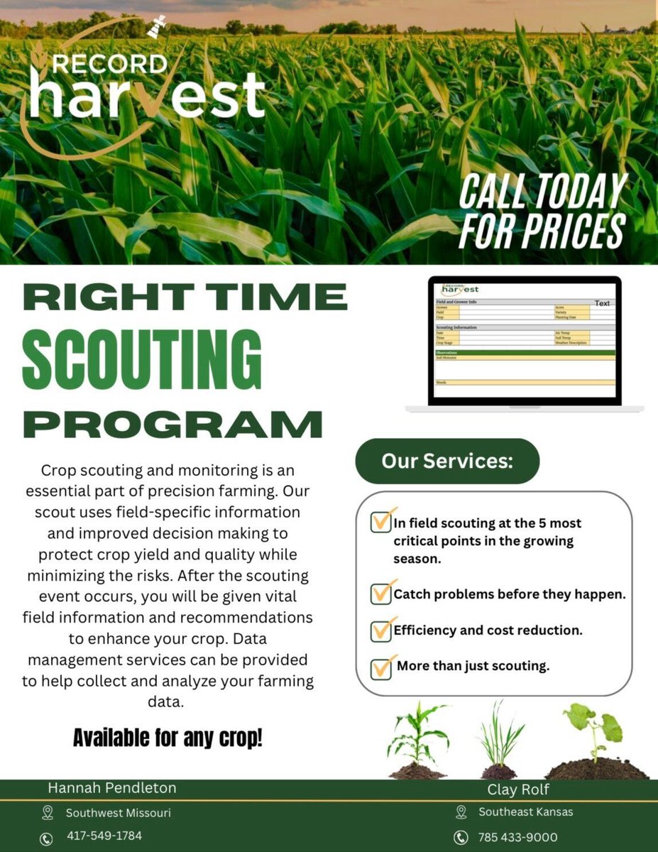 recordharvest's tweet image. Right Time Scouting Program! Call the crew at 417-667-0220 for more information!
#RecordHarvest #RightTime #ScoutingProgram #CallTheCrew