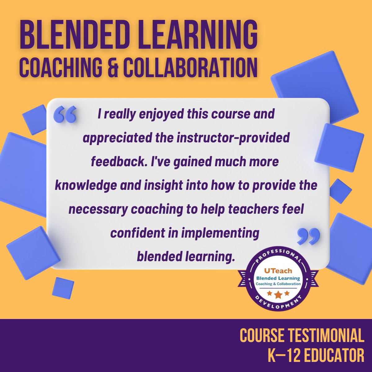 Do you want to inspire teachers and elevate learning for students? This #BlendedLearning Coaching &amp; Collab course participant shared how #UTeachPD helped them create systems that last.✨ 📈

Confident Coaching 🤝 Sustainable Growth
🔗 bit.ly/UTEACHPD_BLCC