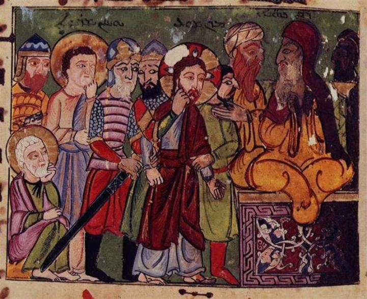 shahanSean's tweet image. Depiction of Jesus before the high priest (here dressed like a Muslim cadi) from a 13th century Syriac Gospel manuscript.
British Library (London), Ms. Add. 7170 (ca. 1216-1220 AD)
