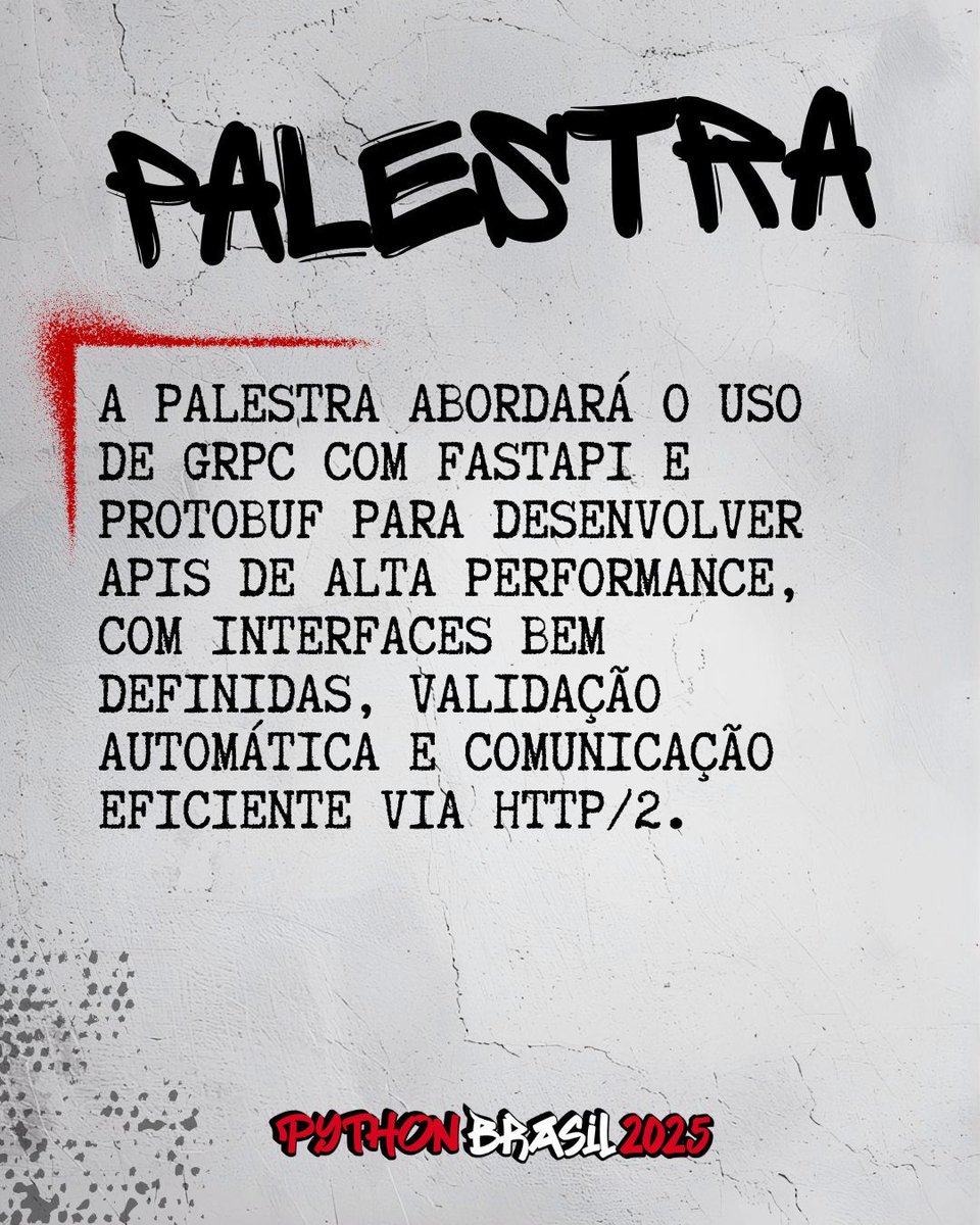 pythonbrasil's tweet image. Palestra
Microserviços com gRPC e FastAPI - Lucas Silva
A palestra abordará o uso de gRPC com FastAPI e Protobuf para desenvolver APIs de alta performance, com interfaces bem definidas, validação automática e comunicação eficiente via HTTP/2.
#python #pythonbrasil #pybr2025