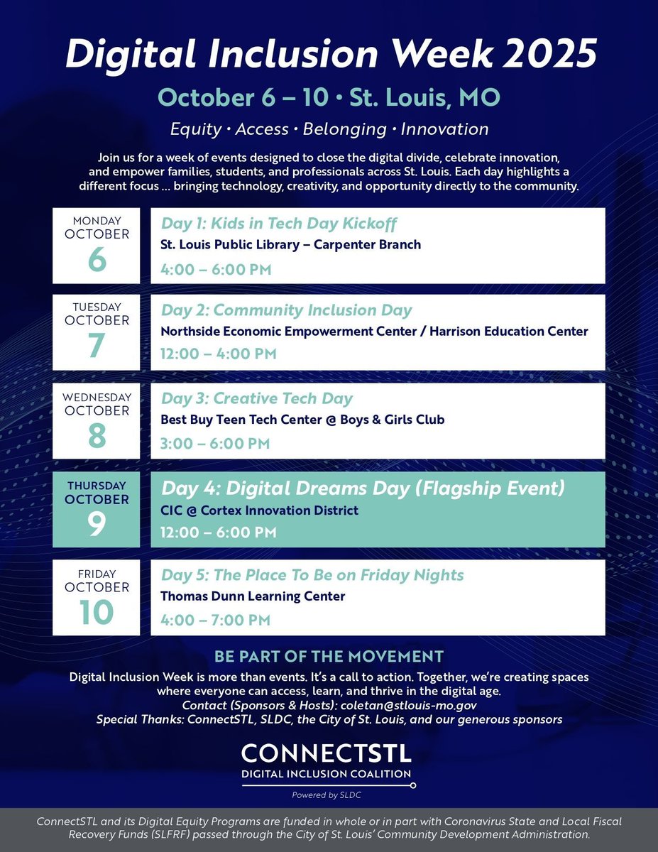 💡 Don’t miss Digital Dreams Day — part of #DigitalInclusionWeek!
🗓️ Oct 9 | 12–6 PM
📍 Cortex Innovation District

Join STL leaders &amp; creatives exploring equity, access &amp; opportunity in our digital future.
🎟️ Free! Register: bit.ly/3Y8Nw5u