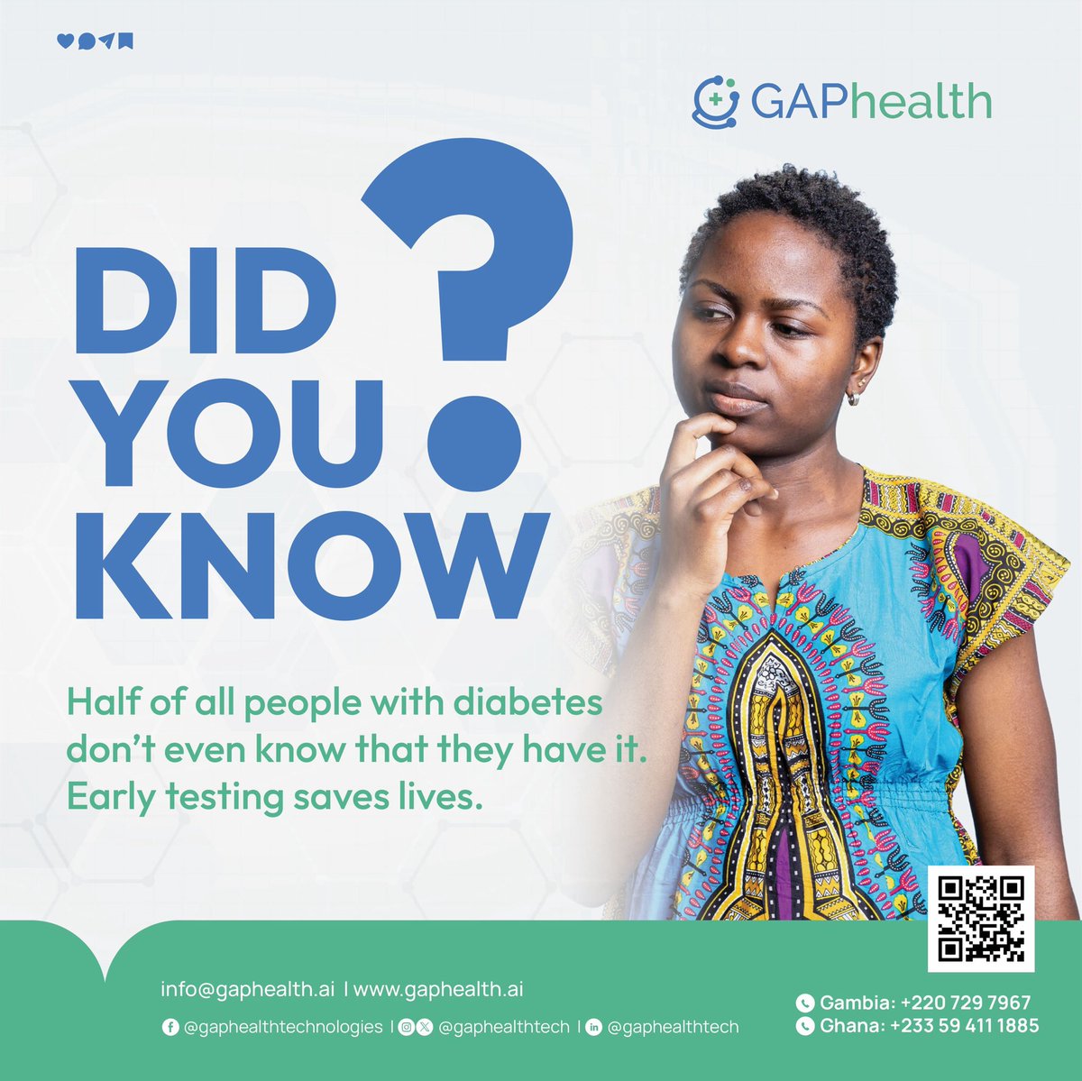 gaphealthtech's tweet image. Half of all people living with diabetes are unaware of their condition.
Early testing is key, it can save lives.
Take charge of your health today. 💙
#DiabetesAwareness #HealthEducation #EarlyTesting #GAPHealth #PreventiveCare