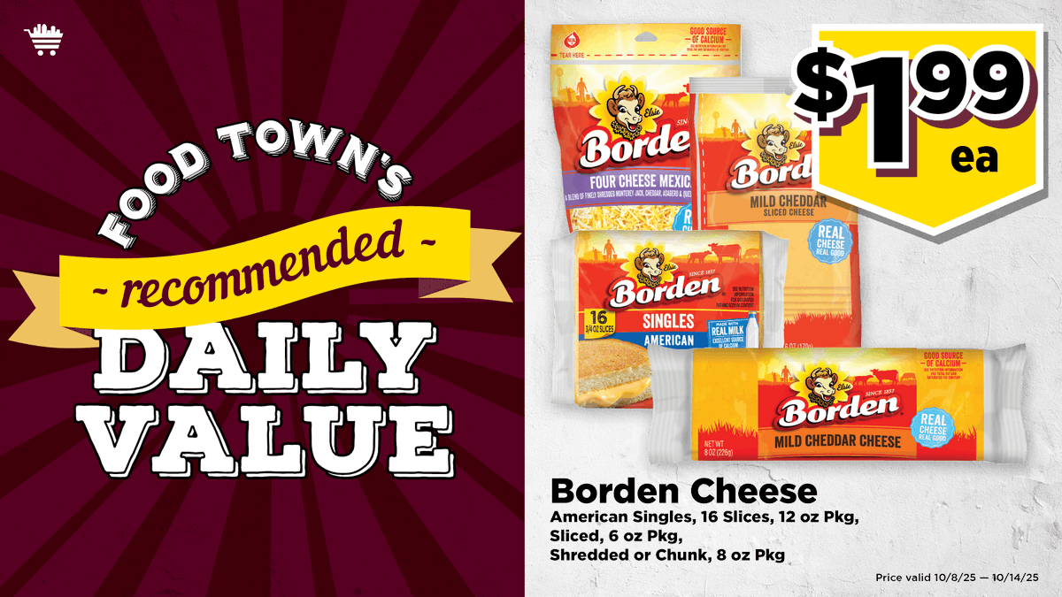 Food Town RDV: Borden Cheese American Singles, 16 slices per 12 oz package, sliced, or 6 oz package, shredded or chunk, 8 oz package - $0.99 per pound. (Valid through 9/30/25). rdv #save #everydayvalues#foodtownhouston