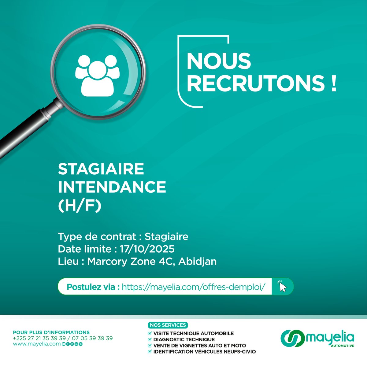 💼 | 𝐎𝐅𝐅𝐑𝐄 𝐃'𝐄𝐌𝐏𝐋𝐎𝐈 
Mayelia recrute un Stagiaire Intendance (H/F)
-Contrat : Stage
-Lieu : Marcory Zone 4C, Abidjan
Détails de l'offre consultables ici : lnkd.in/ef2dYG3S 

Bonne chance à tous !

#MayeliaMobilite
#RejoindreMayelia