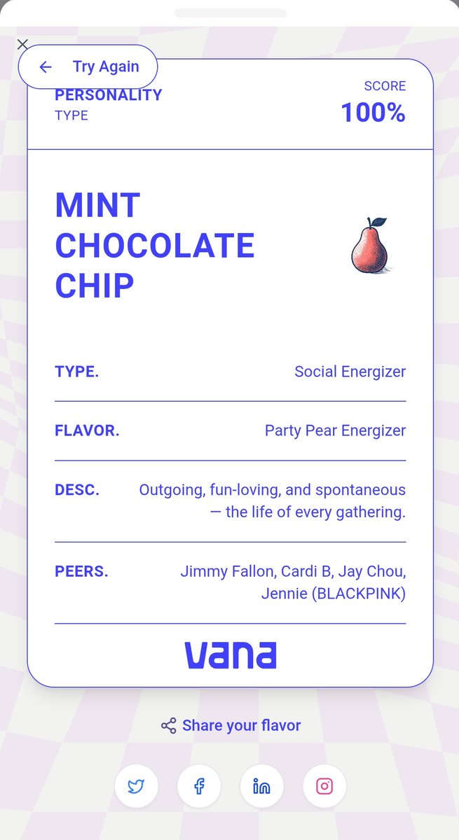 If I was an Ice Cream Flavour, I'd be Mint Chocolate Chip, Outgoing, fun-loving, and spontaneous — the life of every gathering.. this is my flavor spotify vibe 🍫
Taste your data: app.vana.com #datarevolution
<a href="/vana/">vana</a>