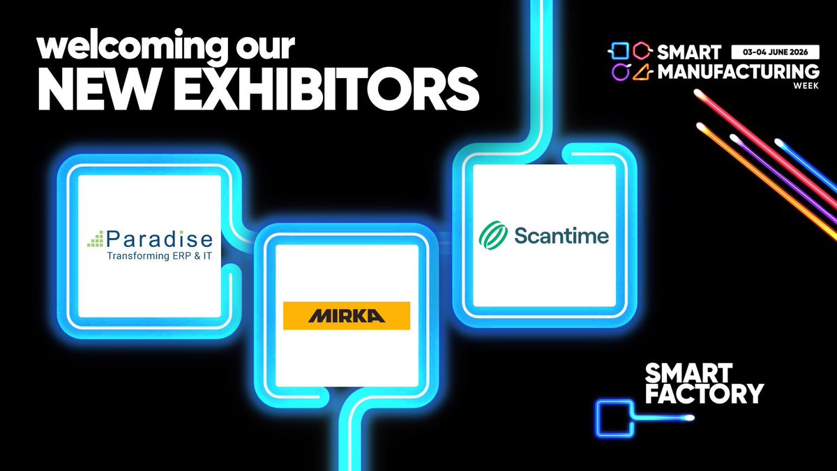 SmartMWeek's tweet image. The Smart Manufacturing Week exhibitor line-up is growing again! ✨
We’re delighted to welcome three more forward-thinking companies who are helping to shape the future of manufacturing:
💻 Paradise Computing
🪶 Mirka UK Ltd
🤖 Scantime Automation and Training
#SMW26 #SFE26