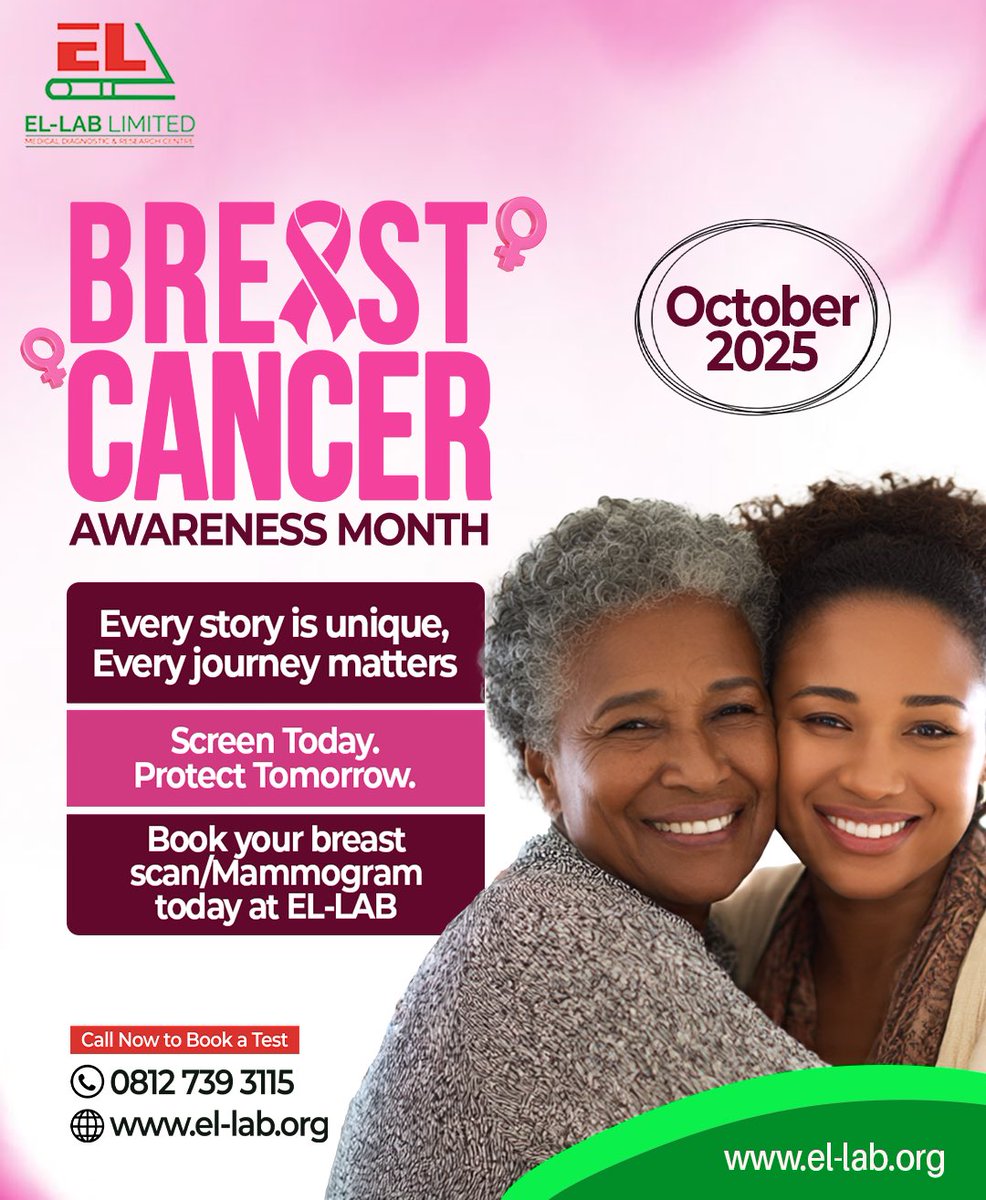 Ellab_ng's tweet image. 🎗️ Early detection saves lives.
Join us in spreading hope, strength, and awareness this Breast Cancer Awareness Month. 💖 

Call: 08127393115 or DM us to book your test!
Visit our website: el-lab.org

#BreastCancerAwareness #ELLABCares #ELLAB #BreastScan  #Mammogram