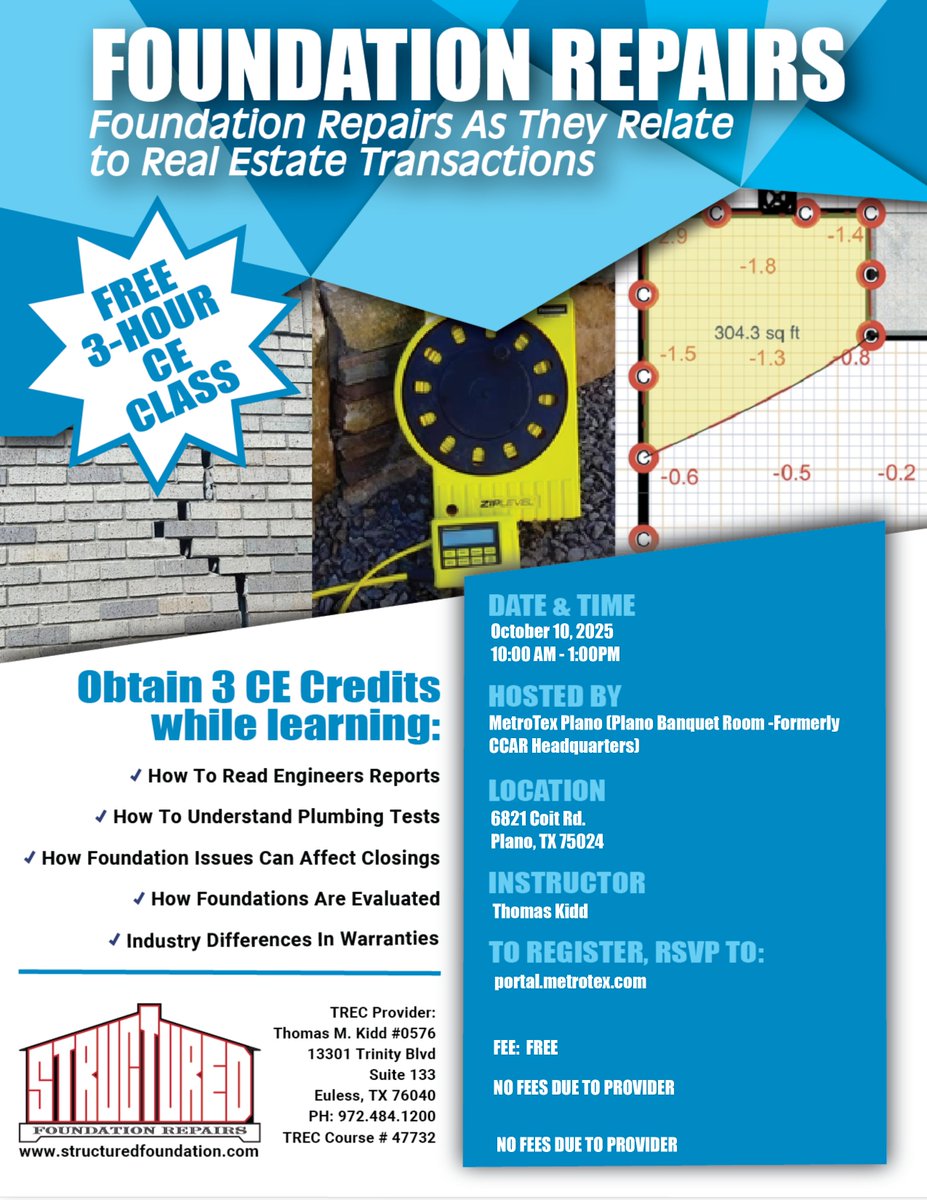StructuredFound's tweet image. 📢 REALTORS®! FREE 3-Hour CE Class Oct 10 | 10 AM–1 PM 

📍 MetroTex Plano (Plano Banquet Room – Formerly CCAR HQ)
6821 Coit Rd, Plano, TX
🧭 goo.gl/maps/EJ4kFZ6wW…

Register ➡️ loom.ly/G0mdTpw

#DFWRealEstate #CEClass #PlanoTX