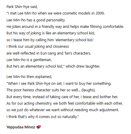 sevennyLMH's tweet photo. [2013.10.07] #ParkShinHye "I tease him by calling him 'elementary school kid.' I think our usual joking and closeness are well-reflected in Eun-sang and Tan's characters. #LeeMinHo is a gentleman."
#TheHeirs @ActorLeeMinHo #이민호 #상속자들 https://t.co/iUihueANbZ