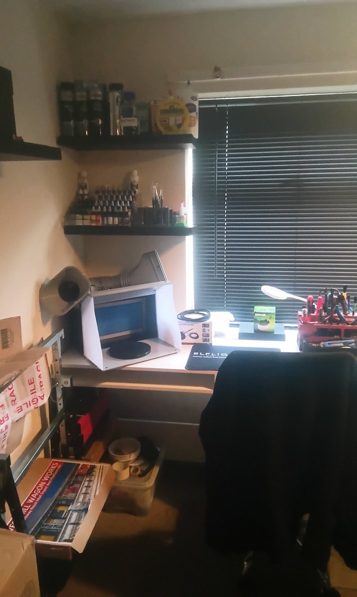 Had a change, new desk, blind and wall shelves to make building and airbrushing easier.