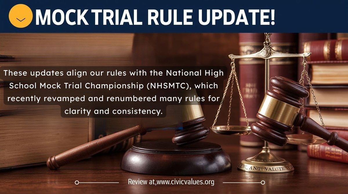 civicvalues's tweet photo. Mock Trial Rule Update!
NM High School Mock Trial rules now align with the updated @NHSMTC rules for 2026. 📷
Find the new Rules of Competition on our site and in the Teacher Coach Drive.
📷 https://t.co/LhzI6Dj4sV
#NMMockTrial #MockTrial #CivicValues #NHSMTC https://t.co/3oQtgMn0Ym