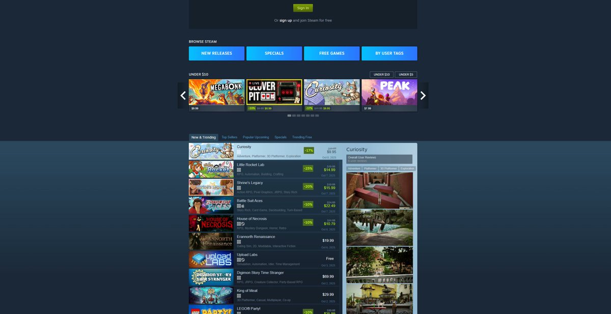 Not Only is our game number 1 on New and Trending, but we are smack dab between <a href="/MegabonkGame/">Megabonk</a> <a href="/AggroCrabGames/">AGGRO CRAB 💥</a> Peak and Clover Pit on the under 10 bucks Carousel! What is life right now PLZ BUY <a href="/play_curiosity/">Curiosity: A Cat Climbling Game 🐈</a>