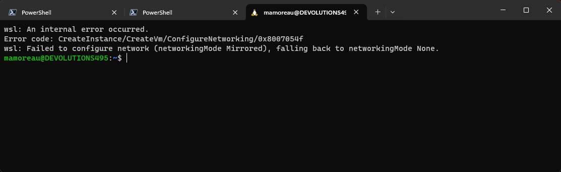 awakecoding's tweet image. Who else has been running into "wsl: An internal error occurred. Error code: CreateInstance/CreateVm/ConfigureNetworking/0x8007054f" recently? WSL networking randomly failing in ways that a "wsl --shutdown" can't fix is becoming quite a problem