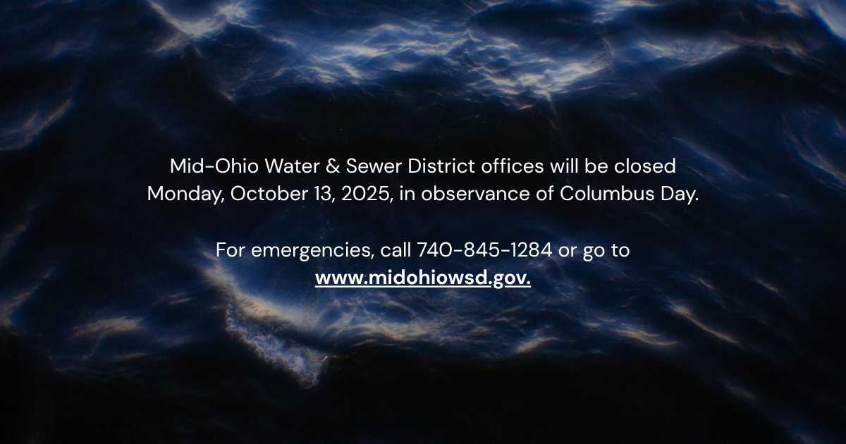 MidOhioWSD's tweet photo. The Mid-Ohio office will be closed this coming Monday, 10/13/25, in observance of Columbus Day. For emergencies, call 740-845-1284 or go to https://t.co/9U1vwmj15q.
#ColumbusDay #midohio #londonohio #plaincityohio https://t.co/ElgcbcCMTF
