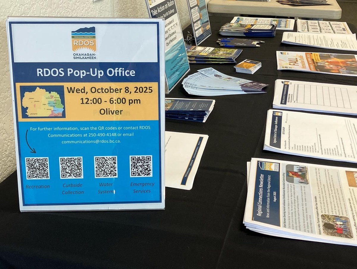 Pop-up office Wed., Oct. 8, from 12:00 - 6:00 pm at the Oliver Community Centre.

Pop-up offices are an initiative to connect with residents and provide opportunities for staff to answer questions and get feedback on RDOS projects and services.

More info: rdos.bc.ca/newsandevents/…