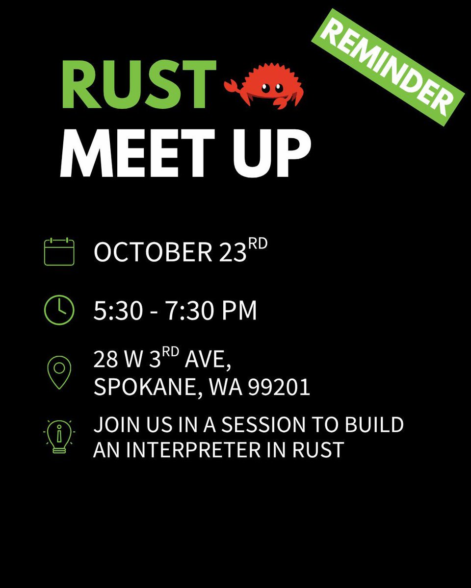 limelytedotcom's tweet image. Learn to build an interpreter in Rust and chat about the future of Spokane Rust—join us at the next meetup!
RSVP here: buff.ly/6LMFdSG
#SpokaneRust #RustLang #CodingCommunity